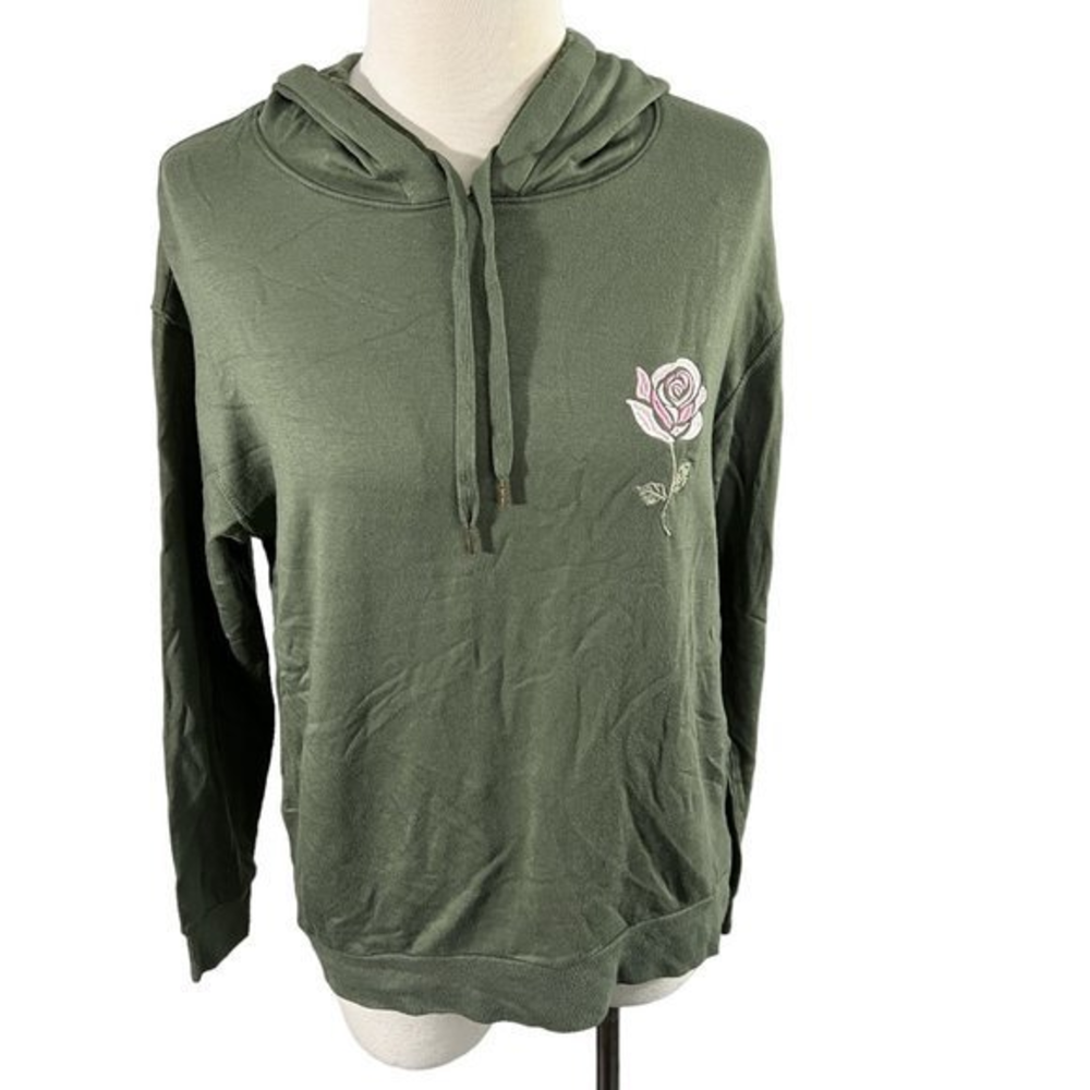 NWT SPLENDID Olive Green Hooded Sweater with Rose (XS)‎